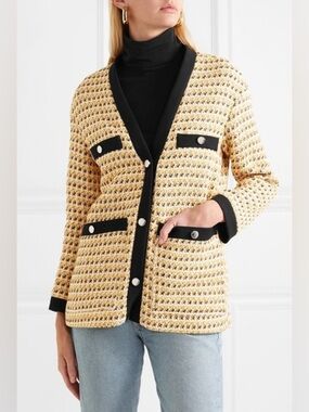 Maje Metallic Cotton Blend Tweed Jacket Button Front Pockets Black Yellow Trim